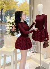 VGU2302 - ĐẦM REN NGẮN PHỐI HOA (ĐỎ TÍM) - KÈM QUẦN BH