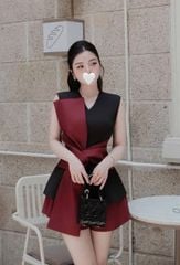 VGU2235 - SET ÁO PEPLUM ĐEN CỘT NƠ ĐỎ, QUẦN SHORT ĐỎ