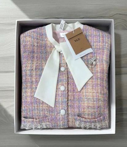 VGU2308 - ÁO DẠ TWEED PHỐI CỔ KÈM TAG (CARO TÍM) - LẺ