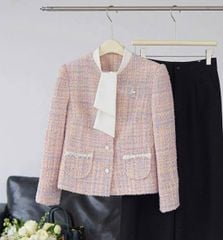 VGU2308 - ÁO DẠ TWEED PHỐI CỔ KÈM TAG (CARO TÍM) - LẺ