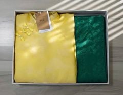 VGU2305 - SET ÁO DÀI VÀNG PHỐI NÚT TÀU, QUẦN GẤM XANH