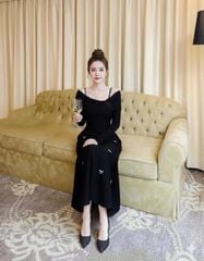 VGU2327 ĐẦM BẸT VAI TAY DÀI PHỐI TAG NƠ (ĐEN)