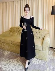 VGU2327 ĐẦM BẸT VAI TAY DÀI PHỐI TAG NƠ (ĐEN)