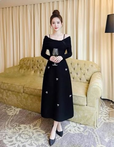 VGU2327 ĐẦM BẸT VAI TAY DÀI PHỐI TAG NƠ (ĐEN)