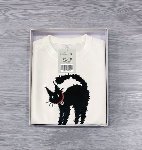 SKY0016 - ÁO THUN LẺ TAY DÀI IN CHÚ MÈO  ( MÀU KEM)