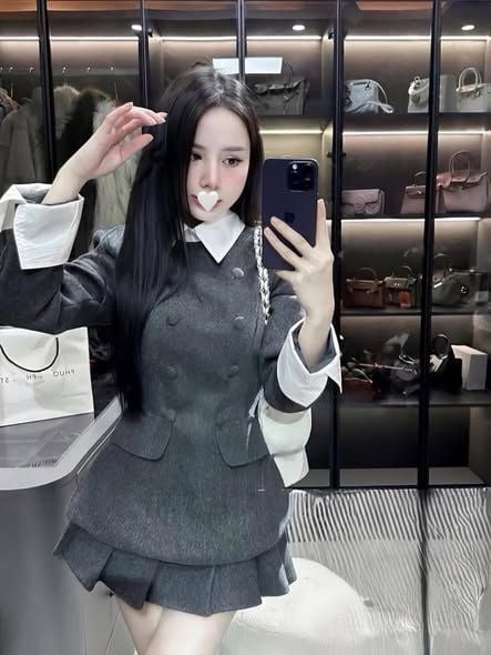 VGU2348 - SET ÁO DẠ CỔ SƠ MI TRẮNG - CHÂN VÁY  NGẮN XẾP LY