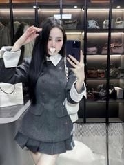 VGU2348 - SET ÁO DẠ CỔ SƠ MI TRẮNG - CHÂN VÁY  NGẮN XẾP LY