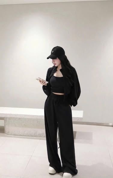 VGU2330 - SET 3 MÓN - ÁO KHOÁC + ÁO 2 DÂY + QUẦN DÀI ( SET ĐEN)