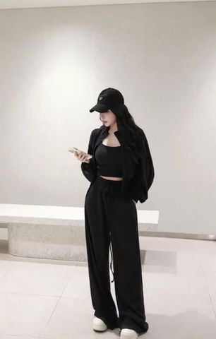 VGU2330 - SET 3 MÓN - ÁO KHOÁC + ÁO 2 DÂY + QUẦN DÀI ( SET ĐEN)