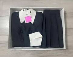 VGU2348 - SET ÁO DẠ CỔ SƠ MI TRẮNG - CHÂN VÁY  NGẮN XẾP LY