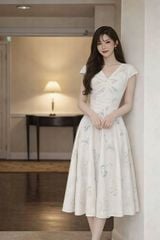 VGU2339 - ĐẦM HOA CỔ V XẾP LY NGỰC