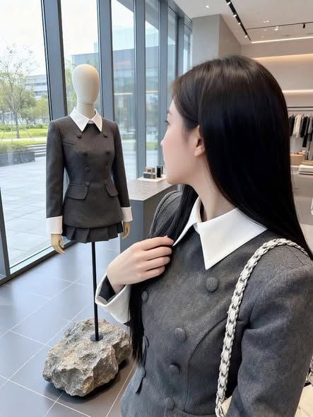 VGU2348 - SET ÁO DẠ CỔ SƠ MI TRẮNG - CHÂN VÁY  NGẮN XẾP LY