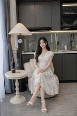 VGU2339 - ĐẦM HOA CỔ V XẾP LY NGỰC