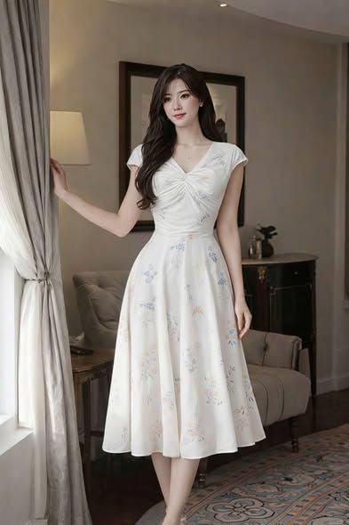VGU2339 - ĐẦM HOA CỔ V XẾP LY NGỰC