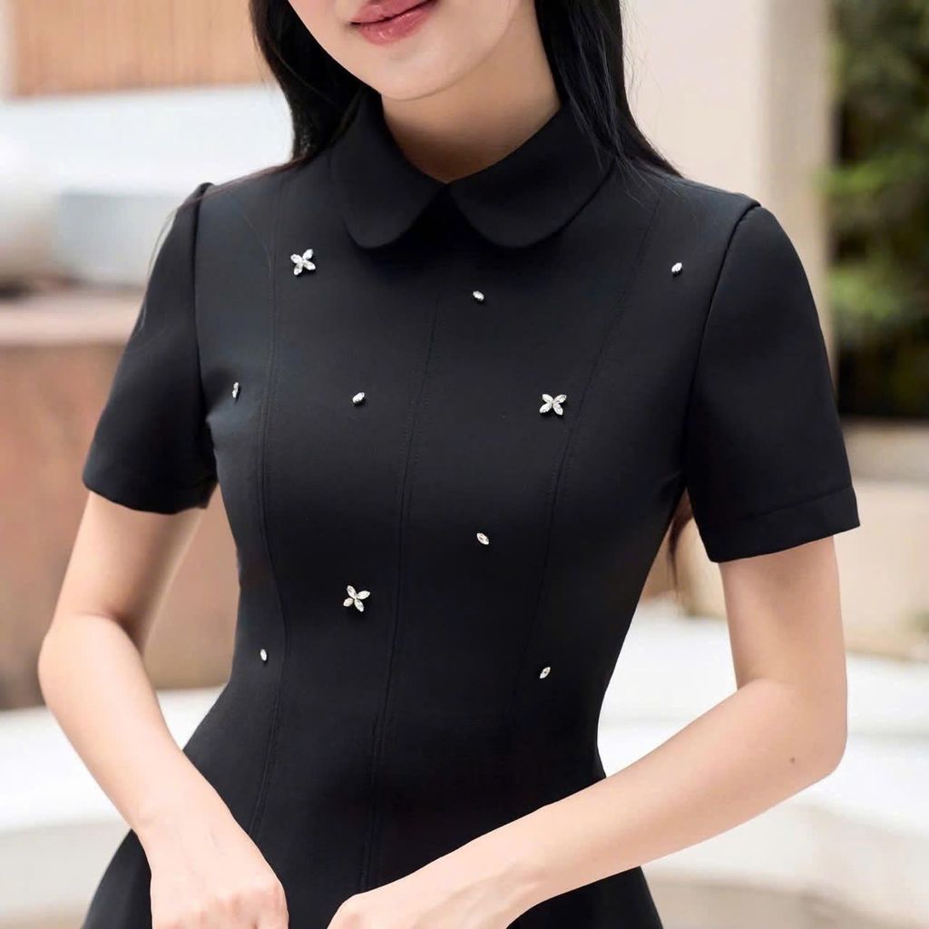 TQ4493 ĐẦM ĐEN CỔ SEN ĐÍNH ĐÁ