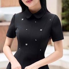 TQ4493 ĐẦM ĐEN CỔ SEN ĐÍNH ĐÁ