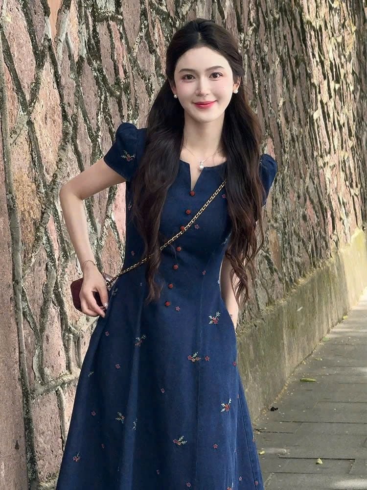 KS1179 ĐẦM JEAN HOA ĐỎ