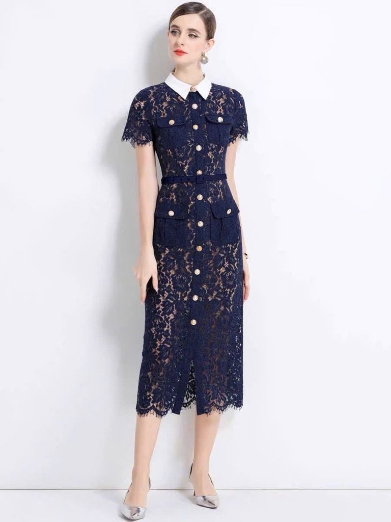 TB9062 ĐẦM REN HOA PHỐI NÚT CC + NỊT (X.ĐEN)