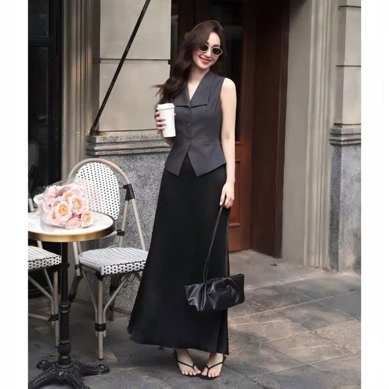 KS1092 SET ÁO GILE XÁM CỔ BẺ, CV DÀI ĐEN