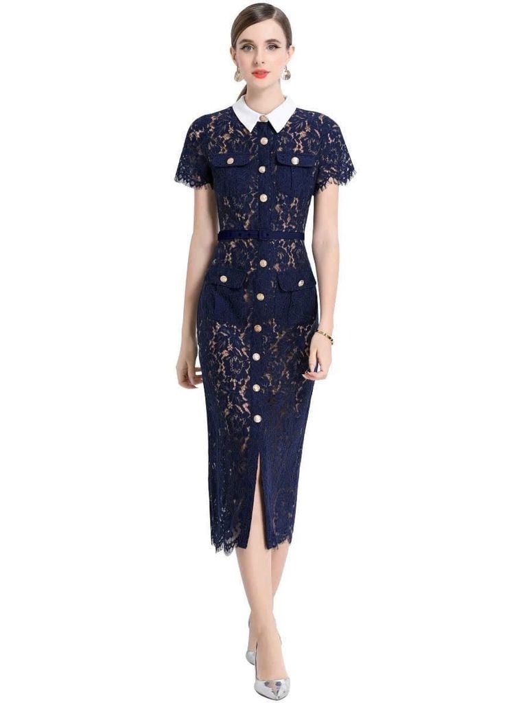 TB9062 ĐẦM REN HOA PHỐI NÚT CC + NỊT (X.ĐEN)