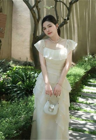 SKY9909 ĐẦM KEM BẸT VAI BÈO TẦNG