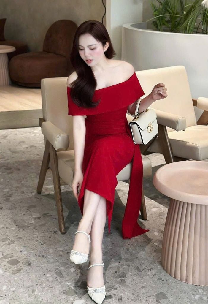 TB8994 ĐẦM BẸT VAI EO PHỐI TAG BƯỚM (ĐỎ)