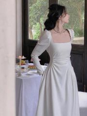 VGU1618 ĐẦM TAY DÀI TK NHÚNG EO (TRẮNG)