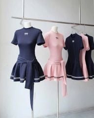 VGU1182 ĐẦM THUN THÊU NƠ EO PHỐI CHOÀNG (HỒNG)