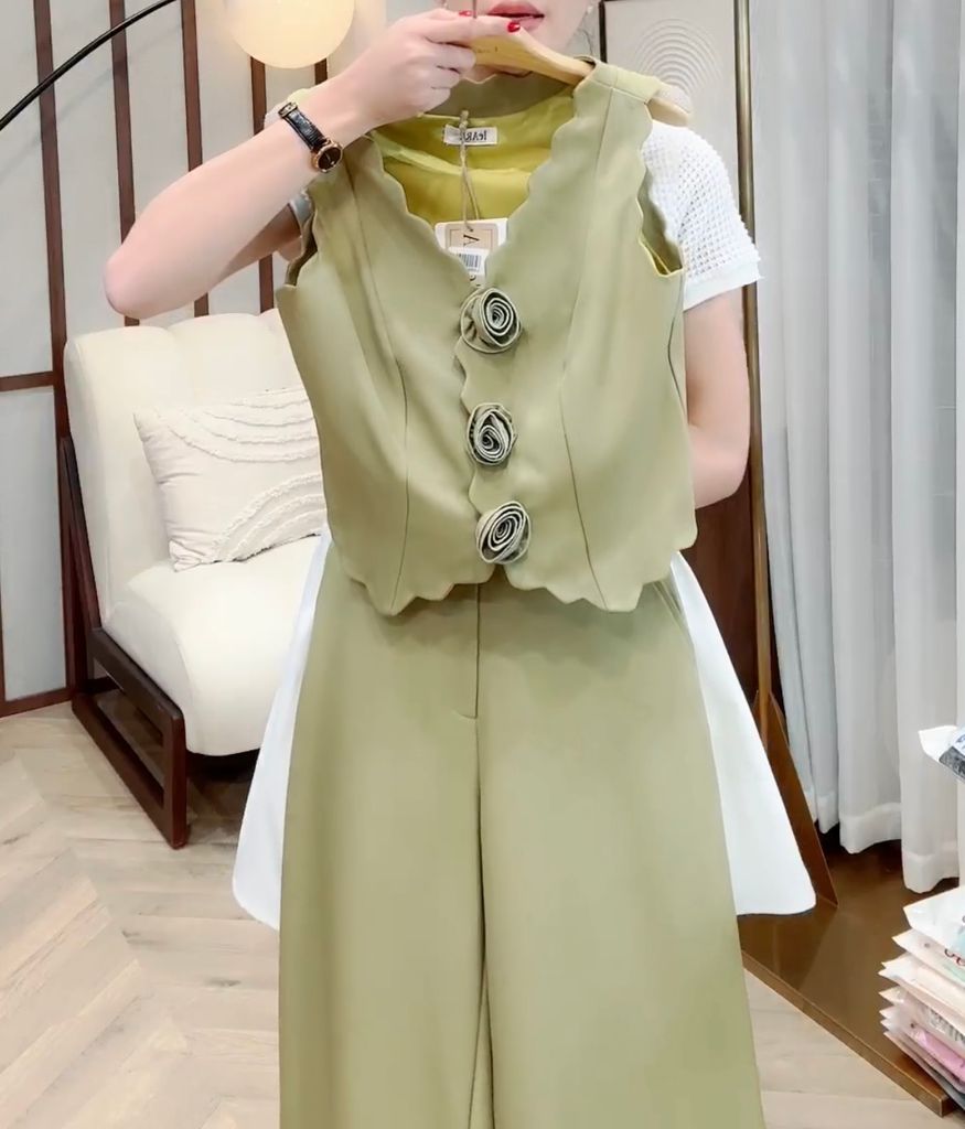 LH004XS SET GILE VIỀN SÓNG ĐÍNH HOA - QUẦN DÀI (XANH)