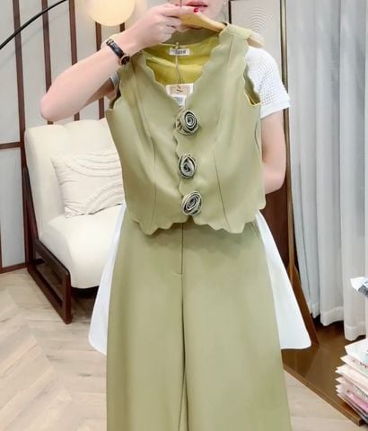 LH004XS SET GILE VIỀN SÓNG ĐÍNH HOA - QUẦN DÀI (XANH)