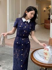 TB9062 ĐẦM REN HOA PHỐI NÚT CC + NỊT (X.ĐEN)