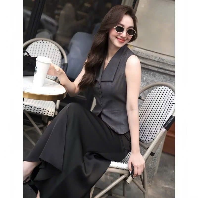 KS1092 SET ÁO GILE XÁM CỔ BẺ, CV DÀI ĐEN