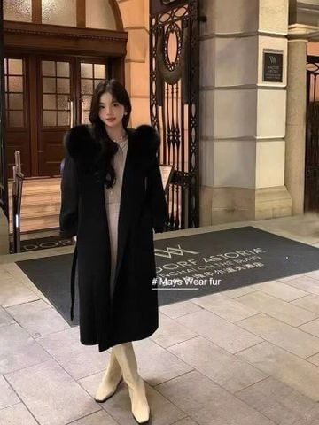 QCC3023 KHOÁC DẠ ÉP DÀI CỔ PHỐI LÔNG (ĐEN)