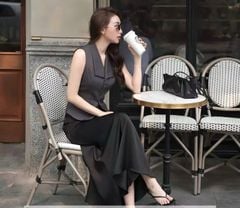 KS1092 SET ÁO GILE XÁM CỔ BẺ, CV DÀI ĐEN