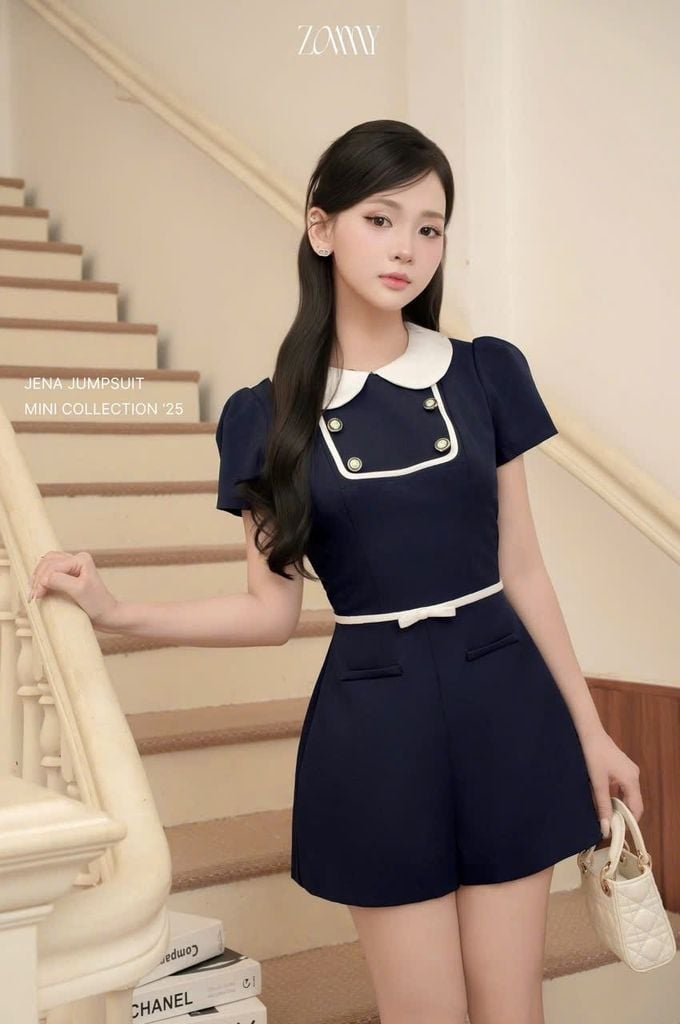 TB8991 JUM NGẮN CỔ SEN PHỐI NƠ EO (X.ĐEN)