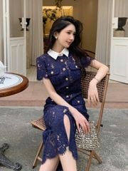 TB9062 ĐẦM REN HOA PHỐI NÚT CC + NỊT (X.ĐEN)