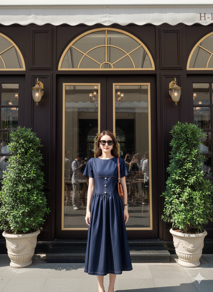 LH012 ĐẦM JEAN MỀM VIỀN CHỈ NÚT NGỌC CAO CẤP