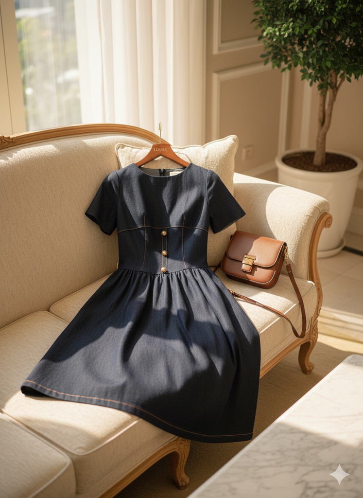 LH012 ĐẦM JEAN MỀM VIỀN CHỈ NÚT NGỌC CAO CẤP