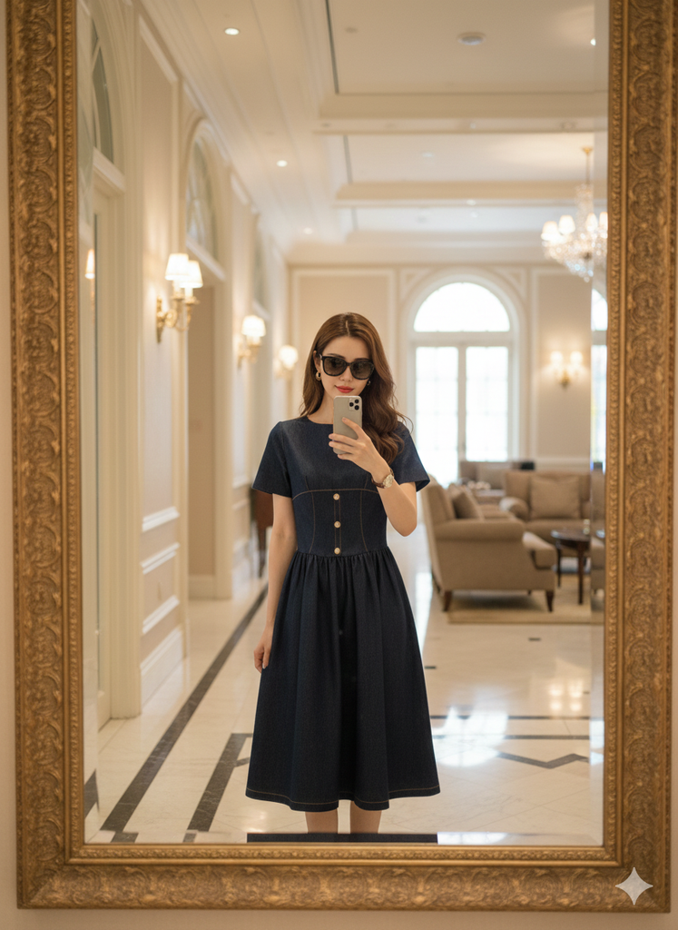 LH012 ĐẦM JEAN MỀM VIỀN CHỈ NÚT NGỌC CAO CẤP