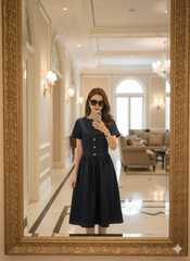 LH012 ĐẦM JEAN MỀM VIỀN CHỈ NÚT NGỌC CAO CẤP