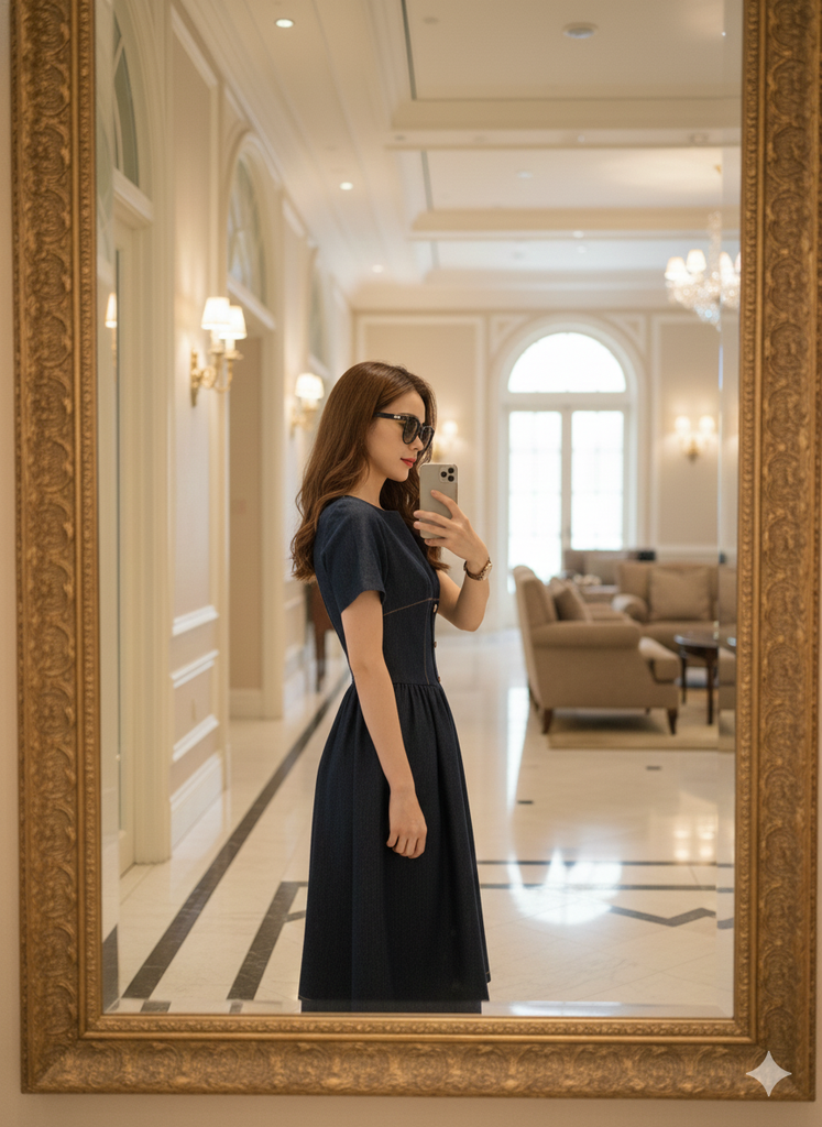 LH012 ĐẦM JEAN MỀM VIỀN CHỈ NÚT NGỌC CAO CẤP