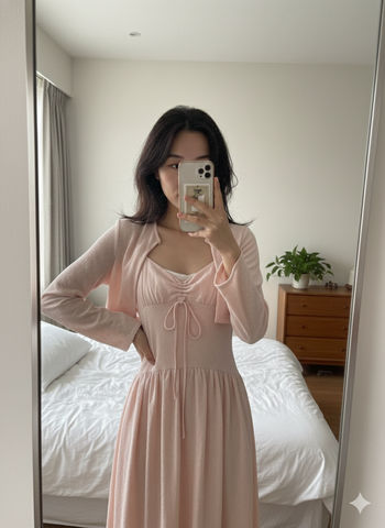 LH0002H ĐẦM HOA NHÚNG NGỰC KÈM KHOÁC (HỒNG)