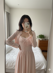 LH0002H ĐẦM HOA NHÚNG NGỰC KÈM KHOÁC (HỒNG)