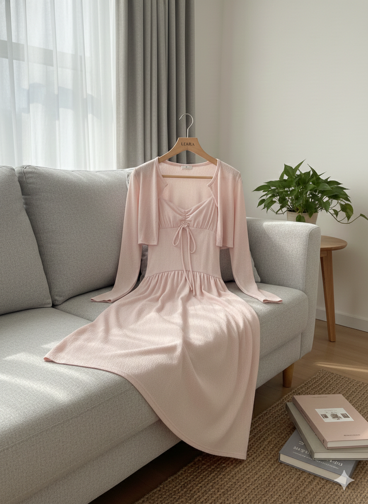 LH0002H ĐẦM HOA NHÚNG NGỰC KÈM KHOÁC (HỒNG)