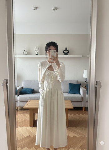 LH0002T ĐẦM HOA NHÚNG NGỰC KÈM KHOÁC (TRẮNG KEM)