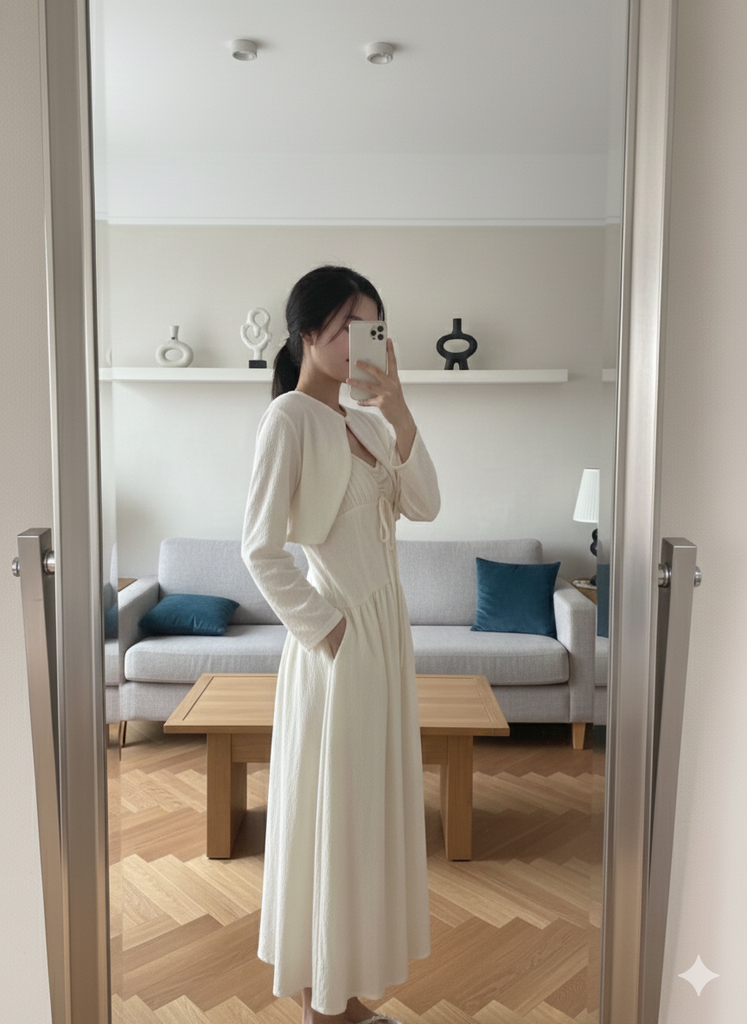 LH0002T ĐẦM HOA NHÚNG NGỰC KÈM KHOÁC (TRẮNG KEM)