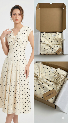 AHA006 ĐẦM CHẤM BI KEM XOẮN NGỰC