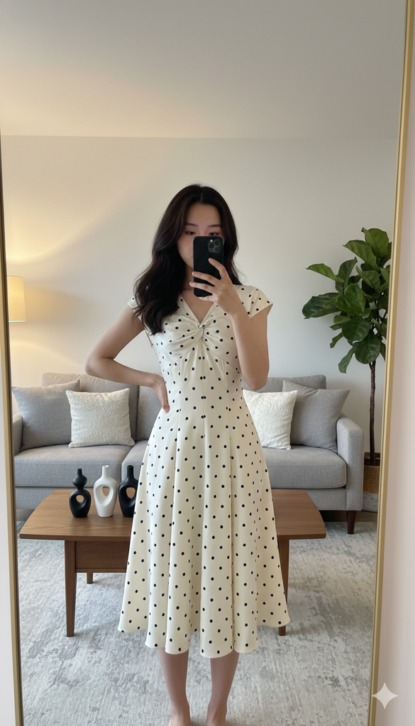 AHA006 ĐẦM CHẤM BI KEM XOẮN NGỰC