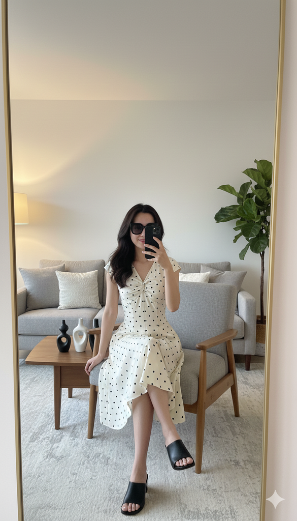 AHA006 ĐẦM CHẤM BI KEM XOẮN NGỰC