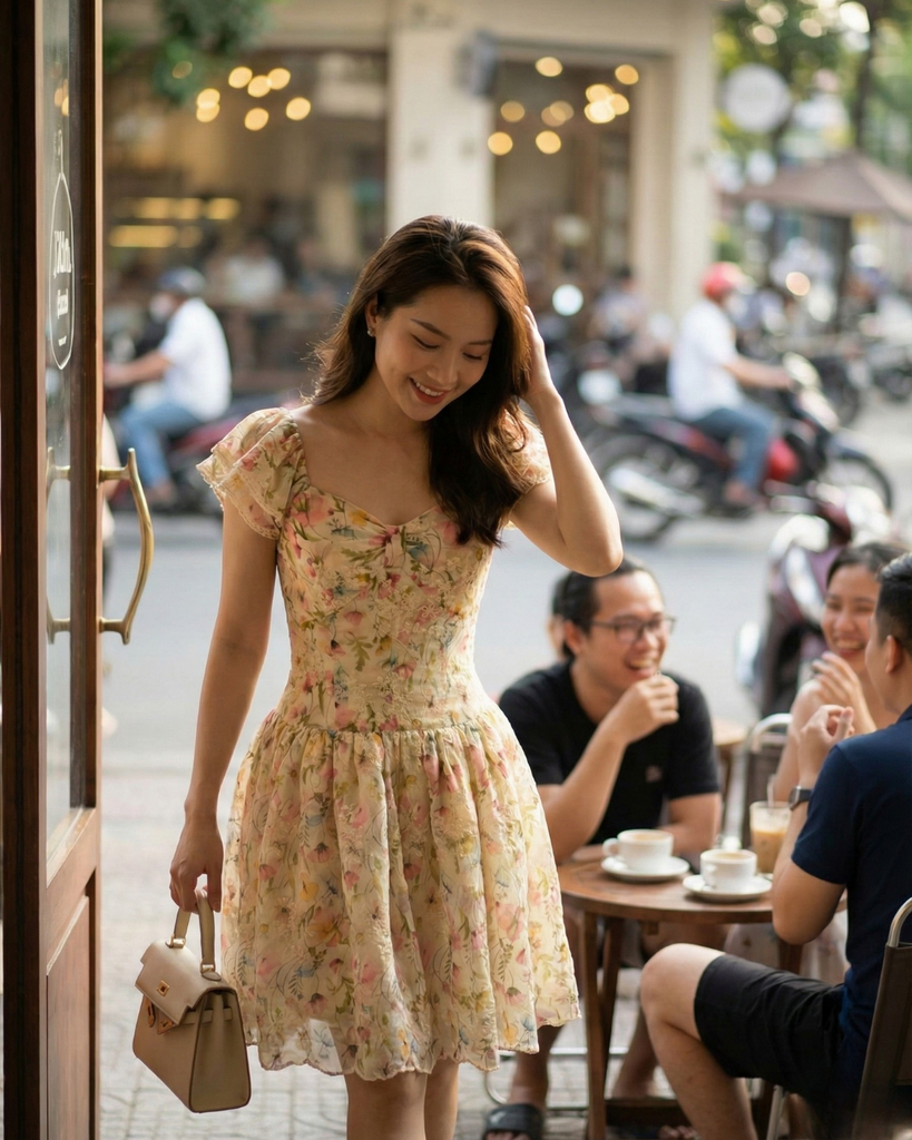 Đầm xô thêu ngắn màu kem